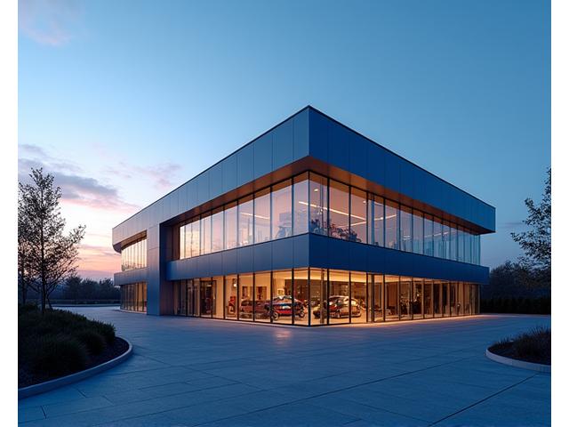 Modern headquarters of LionCity Motors at sunset, a gleaming glass building.
