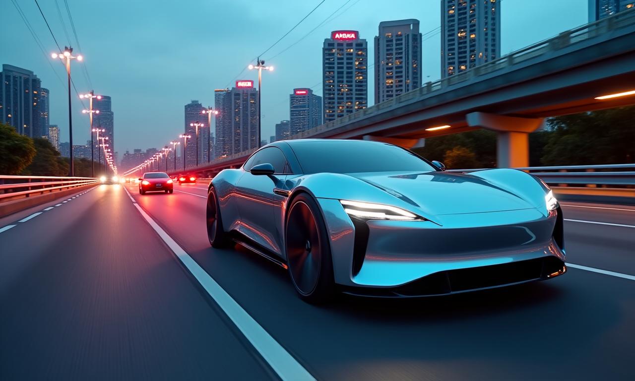 Modern electric car driving through a futuristic Singapore city street at dusk, with glowing city lights.