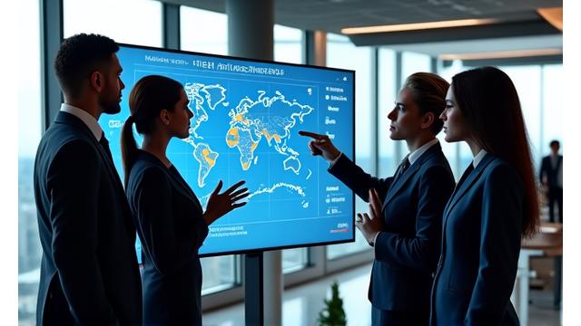 Group of business professionals reviewing fleet data on tablets in a modern office