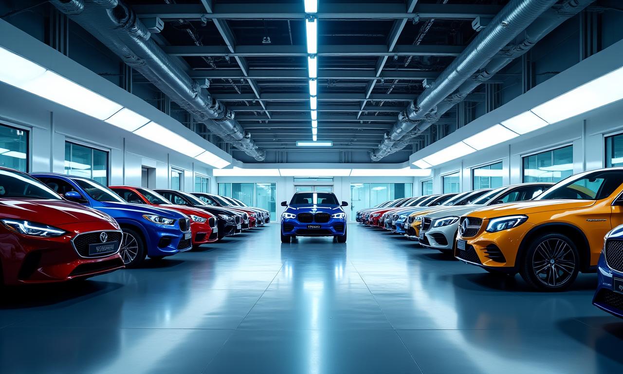 Modern automotive facility with various vehicles and technology. A bright and clean environment representing excellence.