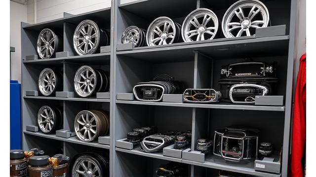 Various automotive parts and accessories displayed neatly