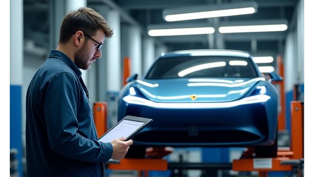 Mechanic performing diagnostics on a modern car in a high-tech service bay