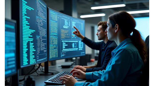 Software engineers collaborating on code on multiple screens with automotive diagrams