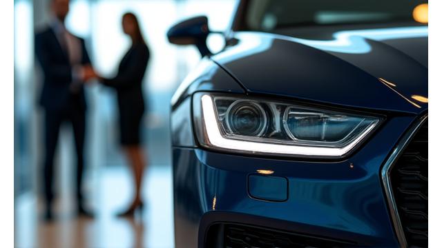 Shiny new car in a showroom with a finance team discussing terms